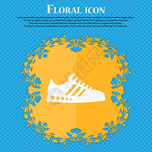 Sneakers 图标 Floral 平面设计在蓝色抽象背景上 并有文本的位置 矢量背景图片