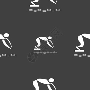 夏季运动潜水图标标志 灰色背景上的无缝模式 韦克托锦标赛运动员训练游泳者行动水池游泳潜水员木板乐趣图片