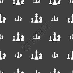 国际象棋游戏图标标志 灰色背景上的无缝模式 韦克托智力主教棋子界面棋盘典当网络木板插图国王图片