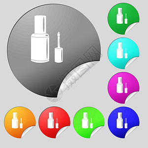 指甲油瓶图标标志 一套八个多色圆形按钮 贴纸 向量图片