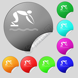 夏季运动 潜水图标符号 一组8个多彩圆钮 标签 矢量图片