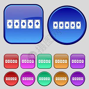 在红心图标符号中打扑克牌的皇家直冲式扑克牌手 一套12个旧扣 用于设计 矢量键图片
