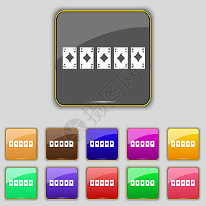 在红心图标符号中打扑克牌手的皇家直冲式扑克牌 为网站设置了11个彩色按钮 矢量图片