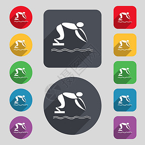 夏季运动 潜水图标符号 一组由12个彩色按钮和长阴影组成 平面设计 矢量图片