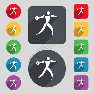 铁饼运动员图标标志 一组 12 个彩色按钮和一个长长的阴影 平面设计 向量图片