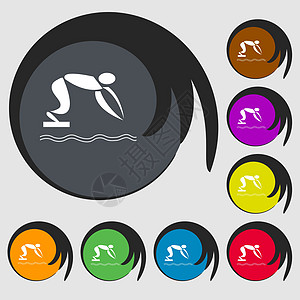 夏季运动 潜水图标 八个彩色按钮上的符号 矢量图片
