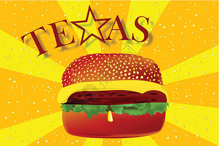 德克萨斯州奶酪汉堡星星橙子射线芝士黄色插图食物包子汉堡绘画图片