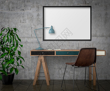海报 书桌和椅子 3D插图枕头照片小样嘲笑广告木地板灰色绿色极简白色图片