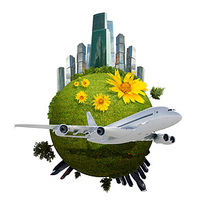 地球与城市建筑圆形喷射绿色背景图片