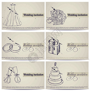 复古婚礼邀请卡套装婚姻卡片衣服裙子礼帽框架玫瑰花束海报已婚背景图片