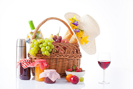 野菜篮子和食物派对面包玻璃帽子水果瓶子酒精生活野餐空地图片