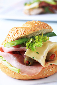 火腿和奶酪三明治午餐芝士芝麻猪肉包子早餐食物小吃图片