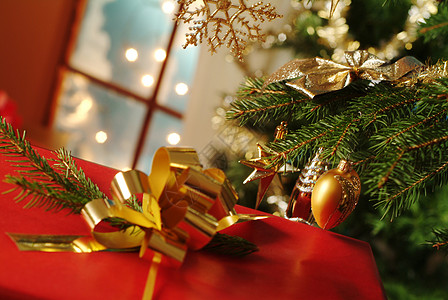 圣诞节背景圣诞礼物分支机构包装惊喜展示装饰品盒子装饰礼物背景