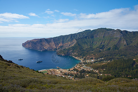 鲁滨逊克鲁索岛传奇绿色爬坡港口火山林地海洋海岸房屋森林图片