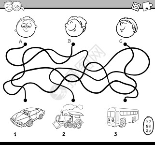 迷宫活动彩页小路染色运输测试孩子们插图线条乐趣游戏车辆图片