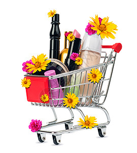 买鲜花的购物车装饰品车轮红色花朵白色购物零售购物中心化妆品市场篮子图片