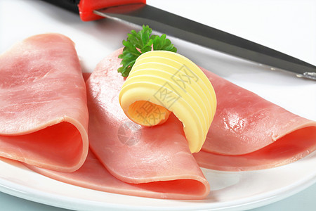火腿的切片黄油猪肉火鸡冷盘卷曲盘子库存折叠香菜熏制图片