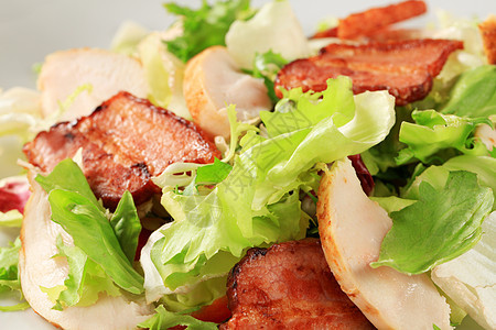 绿色沙拉加鸡肉和培根绿色五花肉蔬菜食物午餐猪肉小吃沙拉油炸库存图片