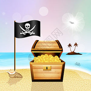沙滩上的宝箱海滩贪婪海盗宝藏运气海洋旗帜胸部硬币插图图片