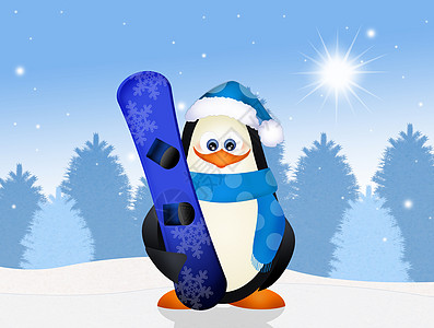 冬天有雪板的企鹅图片