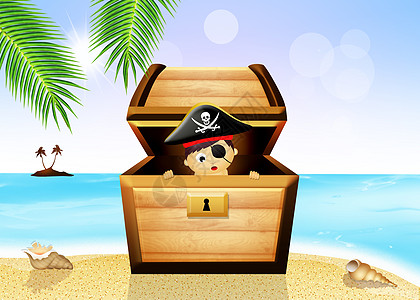 藏宝箱中的婴儿海盗硬币孩子盒子贪婪海滩运气宝藏鹦鹉颅骨旗帜图片