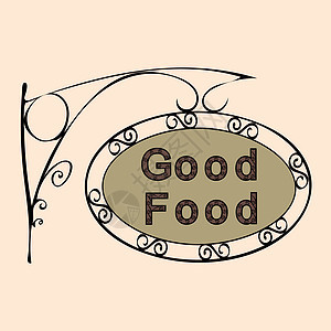 复古街头标志上的美食文字生态店铺指针食物广告插图餐厅午餐棕色早餐背景图片