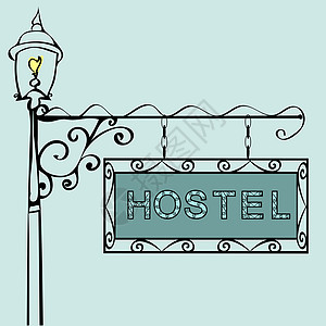 复古街头标志上的旅馆文字旅游街道黑色房间框架酒店绿色入口过夜店铺背景图片