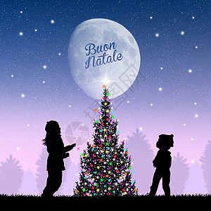 圣诞树周围的孩子们庆典月亮松树家庭插图快乐背景图片