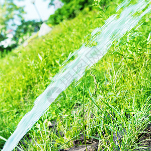 在绿草坪上喷洒水灌溉草皮洒水器阳光公园植物场地技术生长水分图片