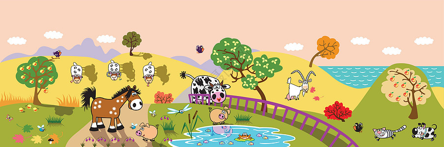 田间横幅上的卡通农场动物背景图片