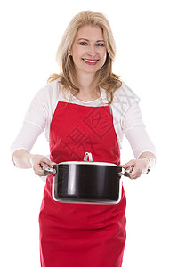 围裙女厨师头发服务金发女性售货员欢呼服务员红色烹饪餐厅图片
