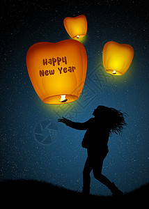 新年新灯笼火焰庆典快乐文化女孩天灯插图女士蜡烛飞行图片