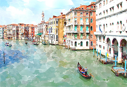城市水彩水彩威尼斯绘画文化旅行场景艺术城市缆车插图建筑学房子运河背景