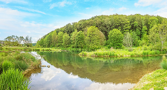Brenz河河牧场岩石全景旅行绿色水草甸天空骨科悬崖蓝色图片