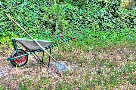 花园里的手推车工具乡村院子地面园艺绿色独轮车工作大车公园图片