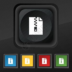 计算机 zip 文件夹 存档图标符号 为您的设计设置黑色纹理上的五个色彩缤纷 时尚的按钮 向量图片