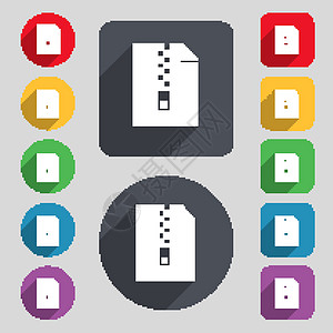 计算机 zip 文件夹存档图标标志 一组 12 个彩色按钮和一个长长的阴影 平面设计 韦克托图片