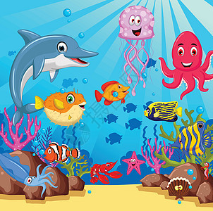 有趣的卡通海上生活为你设计漫画水族馆小丑动物艺术藻类收藏螃蟹绘画幸福图片
