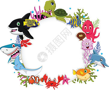 卡通海洋动物与空白标志为你设计小动物生活小丑数字螃蟹珊瑚插图艺术鲨鱼漫画图片