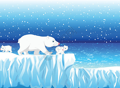 有趣的北极熊家庭雪地风景背景图片