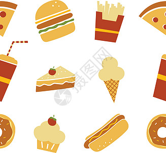 无缝快餐餐厅主题模式饥饿插图果汁早餐牛肉热狗冰淇淋馅饼糕点面包图片