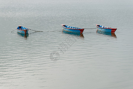 波克拉Phewa湖的三艘蓝船旅游蓝色独木舟工艺旅行木头红色运输图片