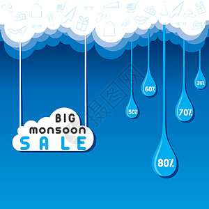 大季风销售横幅设计下雨天折扣下雨橙子贴纸蓝色天气水滴雨滴商业图片