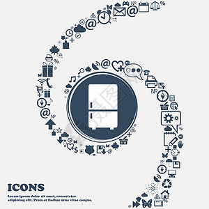 中央的冰箱图标 周围有许多美丽的符号扭曲成螺旋状 您可以将每个单独用于您的设计 韦克托图片