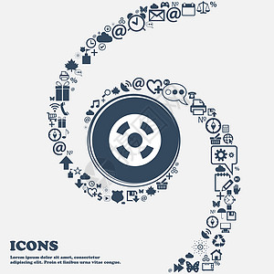 电影图标标志在中心 周围有许多美丽的符号扭曲成螺旋状 您可以将每个单独用于您的设计 向量图片
