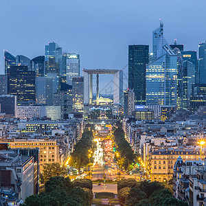 国防 巴黎商业区 在黄昏交通天空防御首都旅行全景景观大街蓝色日落图片