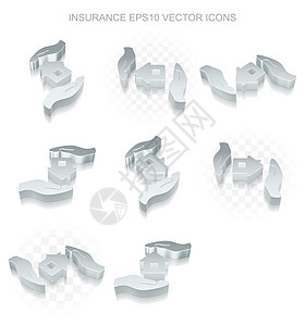 金融保险图标设置金属房屋和手掌透明阴影的不同视图EPS 10 矢量插画