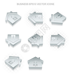 商业图标设置不同视图的金属10 矢量阴影战略安全插图成功房子软垫金融挂锁交易背景图片