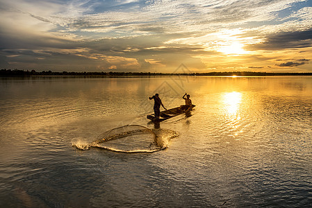 泰国工具日落反射旅游日出农民钓鱼食物木头传统图片