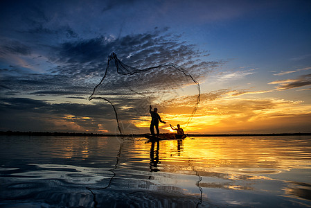 泰国热带旅游日落波纹钓鱼工具传统食物农民渔夫图片